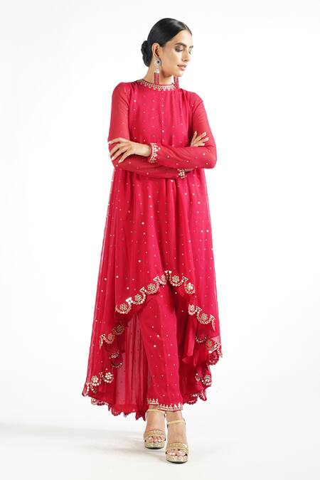 Buy Vvani By Vani Vats Red Georgette, Lining Silk Blend Mirror Work Round Embroidered Kurta And Pant Set Online at Aza Fashions Buy_Vvani By Vani Vats_Red Georgette, Lining Silk Blend Mirror Work Round Embroidered Kurta And Pant Set _Online_at_Aza_Fashions