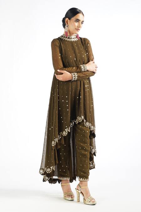 Vvani By Vani Vats_Green Georgette, Lining Silk Blend Mirror Work Embroidered Kurta And Pant Set _Online_at_Aza_Fashions