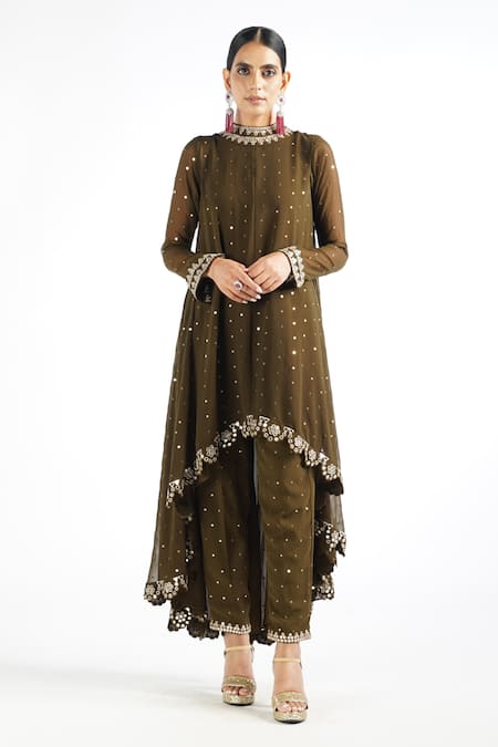 Vvani By Vani Vats_Green Georgette, Lining Silk Blend Mirror Work Embroidered Kurta And Pant Set _at_Aza_Fashions