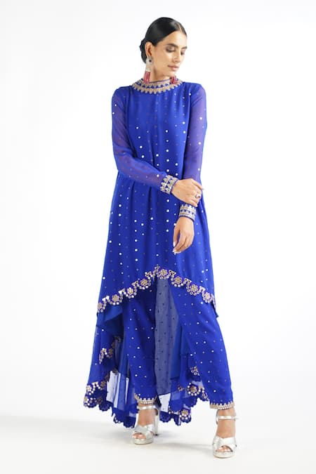 Vvani By Vani Vats_Blue Georgette, Lining Silk Blend Mirror Work Round Embroidered Kurta Pant Set _Online_at_Aza_Fashions