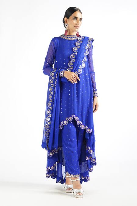 Buy_Vvani By Vani Vats_Blue Georgette, Lining Silk Blend Mirror Work Round Embroidered Kurta Pant Set _Online_at_Aza_Fashions
