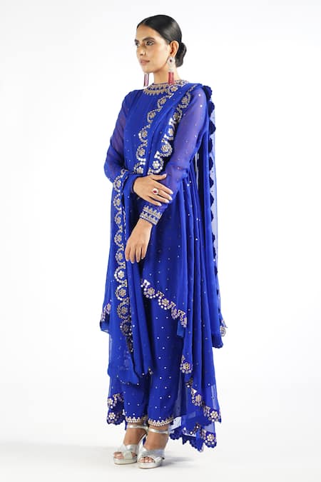 Shop_Vvani By Vani Vats_Blue Georgette, Lining Silk Blend Mirror Work Round Embroidered Kurta Pant Set _Online_at_Aza_Fashions