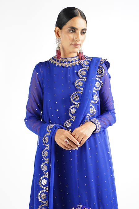 Vvani By Vani Vats_Blue Georgette, Lining Silk Blend Mirror Work Round Embroidered Kurta Pant Set _at_Aza_Fashions