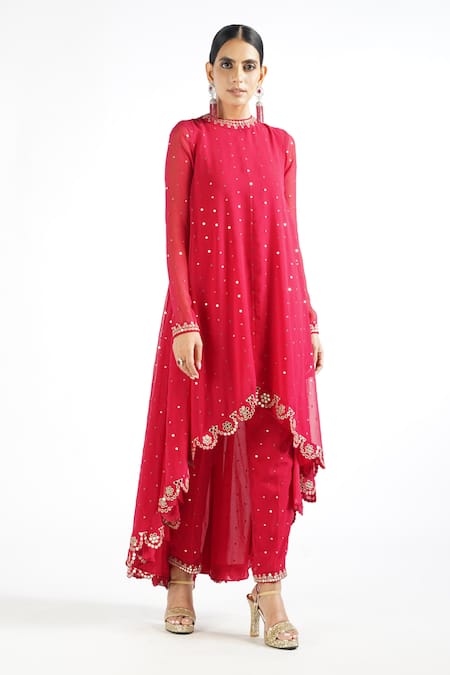 Vvani By Vani Vats_Red Georgette, Lining Silk Blend Mirror Work Round Embroidered Kurta Pant Set _Online_at_Aza_Fashions