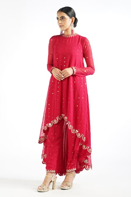 Buy_Vvani By Vani Vats_Red Georgette, Lining Silk Blend Mirror Work Round Embroidered Kurta Pant Set _Online_at_Aza_Fashions