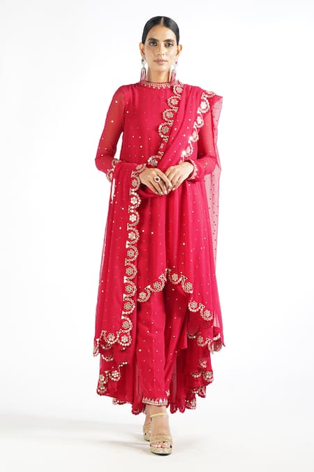 Shop_Vvani By Vani Vats_Red Georgette, Lining Silk Blend Mirror Work Round Embroidered Kurta Pant Set _Online_at_Aza_Fashions