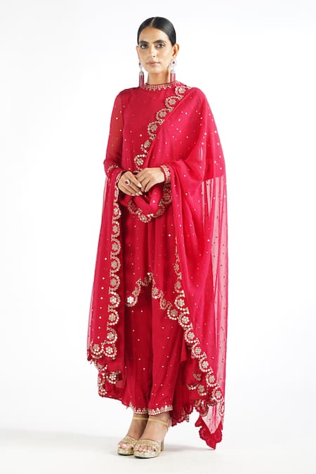 Vvani By Vani Vats_Red Georgette, Lining Silk Blend Mirror Work Round Embroidered Kurta Pant Set _at_Aza_Fashions