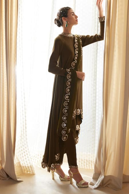 Vvani By Vani Vats_Green Dupatta Organza, Kurta And Pant Chiffon, Scalloped Hem Set _Online_at_Aza_Fashions