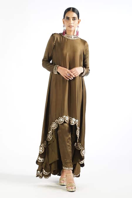 Buy_Vvani By Vani Vats_Green Dupatta Organza, Kurta And Pant Chiffon, Scalloped Hem Set _Online_at_Aza_Fashions