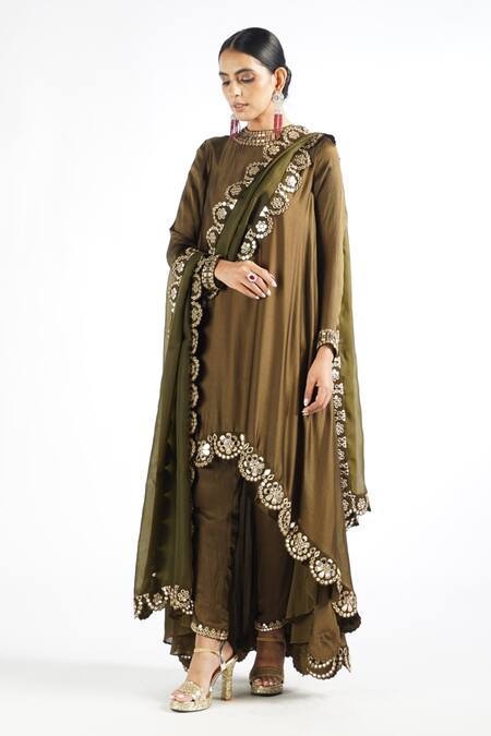 Shop_Vvani By Vani Vats_Green Dupatta Organza, Kurta And Pant Chiffon, Scalloped Hem Set _Online_at_Aza_Fashions