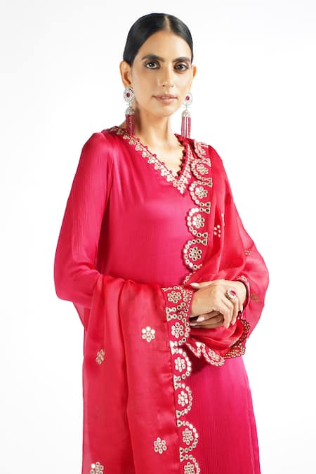 Shop_Vvani by Vani Vats_Red Dupatta Organza, Kurta And Pant Chiffon, Lining Straight Set _Online_at_Aza_Fashions