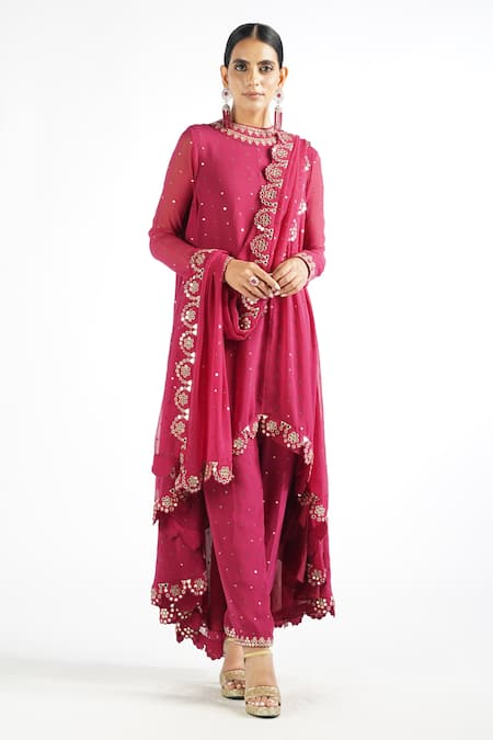 Vvani By Vani Vats_Wine Georgette, Lining Silk Blend Mirror Work Round Embroidered Kurta Pant Set _Online_at_Aza_Fashions