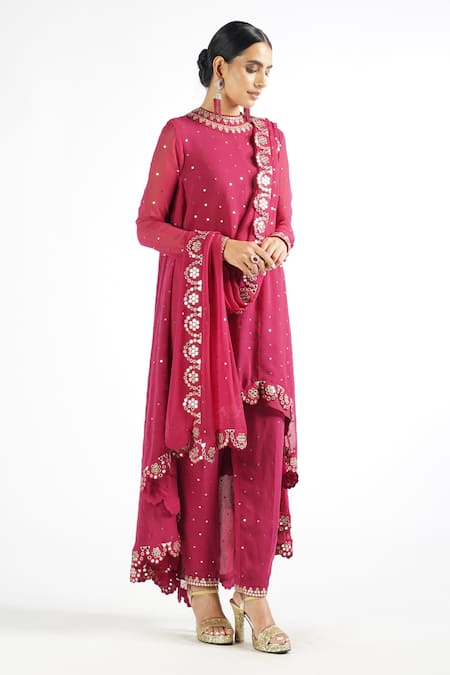 Buy_Vvani By Vani Vats_Wine Georgette, Lining Silk Blend Mirror Work Round Embroidered Kurta Pant Set _Online_at_Aza_Fashions