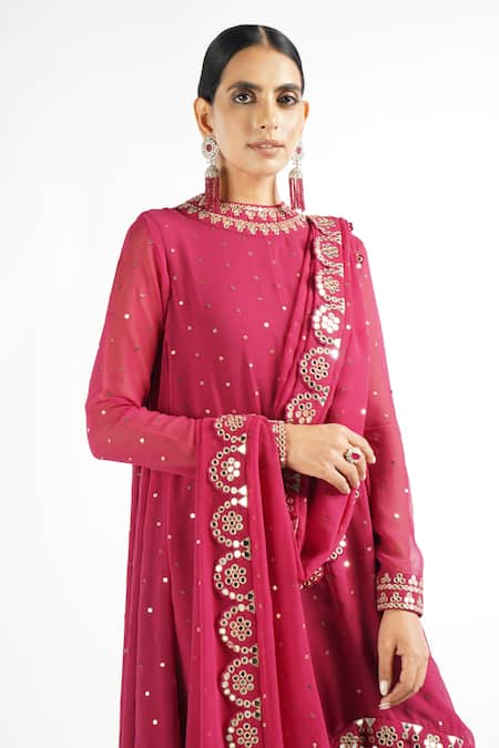 Shop_Vvani By Vani Vats_Wine Georgette, Lining Silk Blend Mirror Work Round Embroidered Kurta Pant Set _Online_at_Aza_Fashions