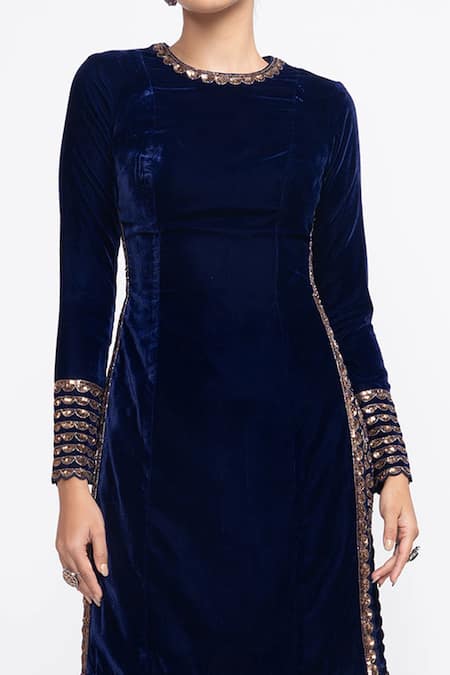 Shop_Vvani By Vani Vats_Blue Velvet Round Kurta And Pant Set _Online_at_Aza_Fashions