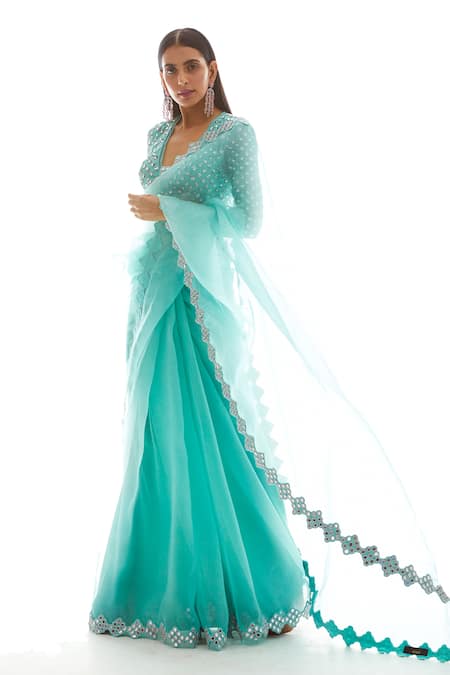 Vvani by Vani Vats_Green Georgette V Neck Organza Saree With Blouse  _Online_at_Aza_Fashions
