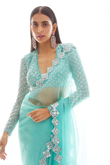 Buy_Vvani by Vani Vats_Green Georgette V Neck Organza Saree With Blouse  _Online_at_Aza_Fashions