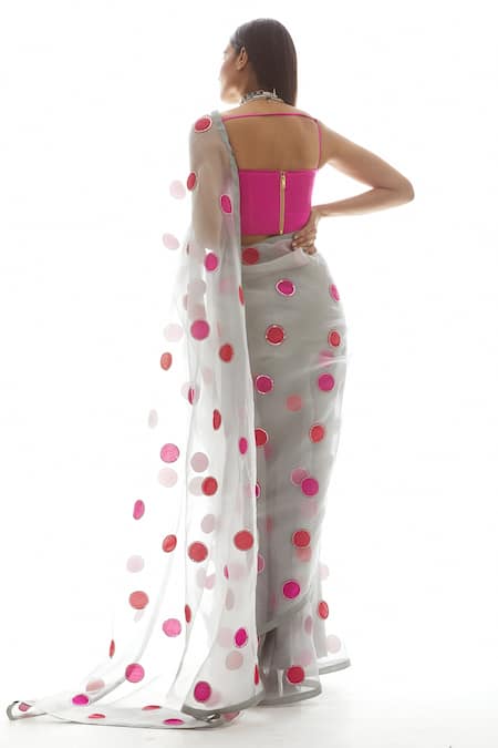 Shop_Vvani By Vani Vats_Grey Blouse Satin Saree Organza Sweetheart Neck Embroidered With _at_Aza_Fashions