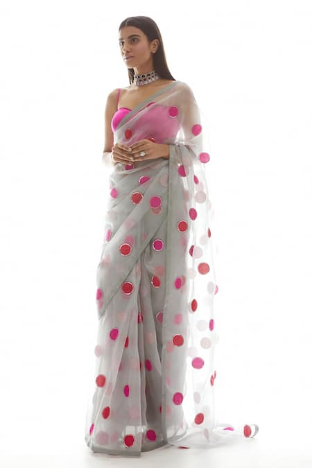 Vvani By Vani Vats_Grey Blouse Satin Saree Organza Sweetheart Neck Embroidered With _Online_at_Aza_Fashions