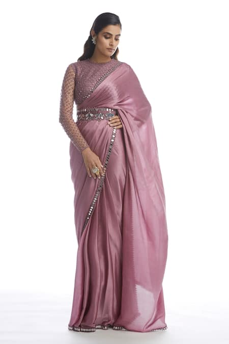 Buy Vvani By Vani Vats Pink Saree Satin Chiffon Blouse Net Round With Online at Aza Fashions Buy_Vvani By Vani Vats_Pink Saree Satin Chiffon Blouse Net Round With _Online_at_Aza_Fashions