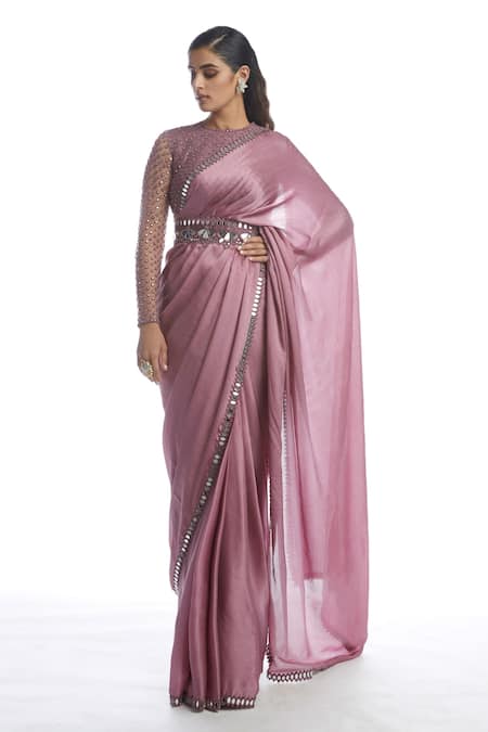 Shop Vvani By Vani Vats Pink Saree Satin Chiffon Blouse Net Round With at Aza Fashions Shop_Vvani By Vani Vats_Pink Saree Satin Chiffon Blouse Net Round With _at_Aza_Fashions