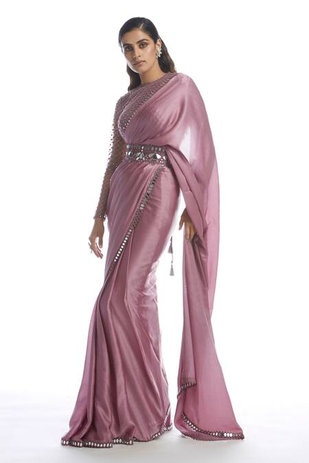 Vvani By Vani Vats Pink Saree Satin Chiffon Blouse Net Round With Online at Aza Fashions Vvani By Vani Vats_Pink Saree Satin Chiffon Blouse Net Round With _Online_at_Aza_Fashions