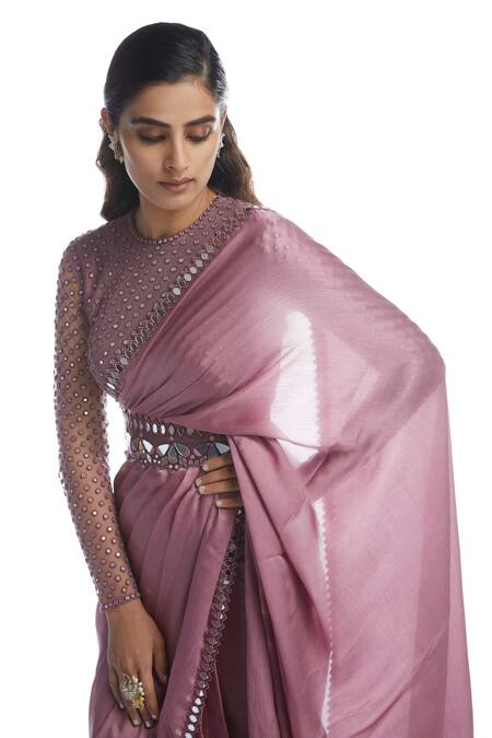 Shop Vvani By Vani Vats Pink Saree Satin Chiffon Blouse Net Round With Online at Aza Fashions Shop_Vvani By Vani Vats_Pink Saree Satin Chiffon Blouse Net Round With _Online_at_Aza_Fashions