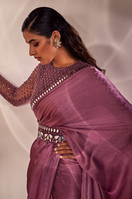 Vvani By Vani Vats Pink Saree Satin Chiffon Blouse Net Round With at Aza Fashions Vvani By Vani Vats_Pink Saree Satin Chiffon Blouse Net Round With _at_Aza_Fashions