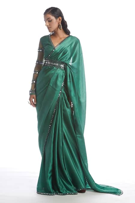 Vvani by Vani Vats Green Saree Satin Chiffon Blouse Net V Neck With  