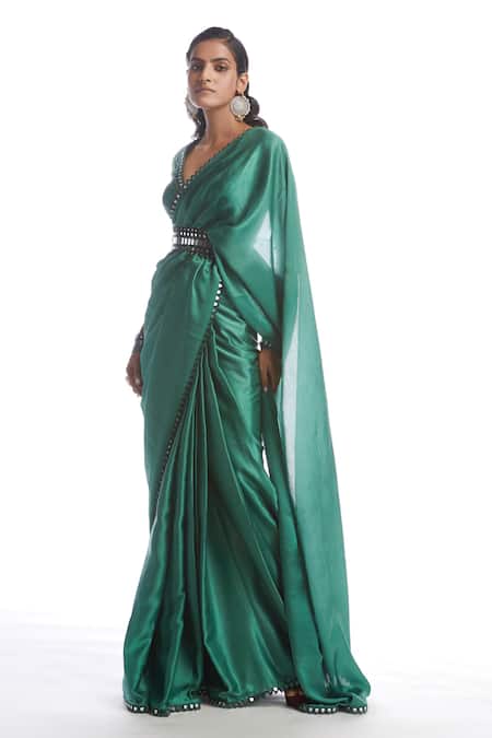 Vvani By Vani Vats_Green Saree Satin Chiffon Blouse Net V Neck With _Online_at_Aza_Fashions