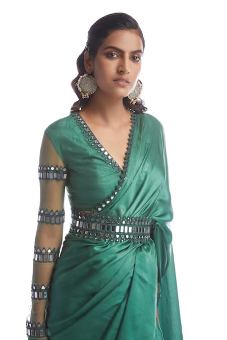 Buy_Vvani By Vani Vats_Green Saree Satin Chiffon Blouse Net V Neck With _Online_at_Aza_Fashions