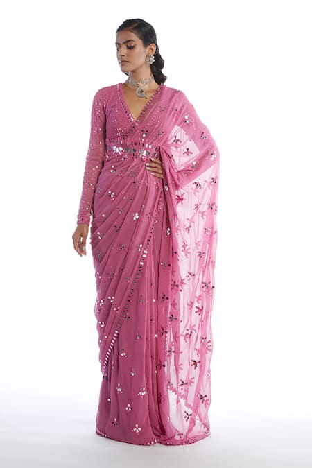 Buy Pink Georgette V Neck Mirror Embellished Saree With Blouse For Women by  Vvani by Vani Vats Online at Aza Fashions.