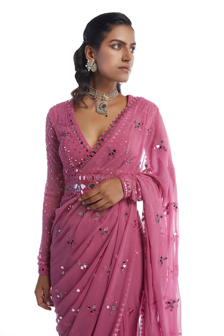 Vvani By Vani Vats_Pink Georgette V Neck Mirror Embellished Saree With Blouse _Online_at_Aza_Fashions