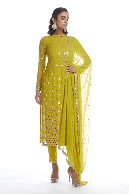 Vvani By Vani Vats_Green Georgette Round Mirror Embellished Kurta Set _Online_at_Aza_Fashions