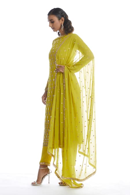 Buy_Vvani By Vani Vats_Green Georgette Round Mirror Embellished Kurta Set _Online_at_Aza_Fashions