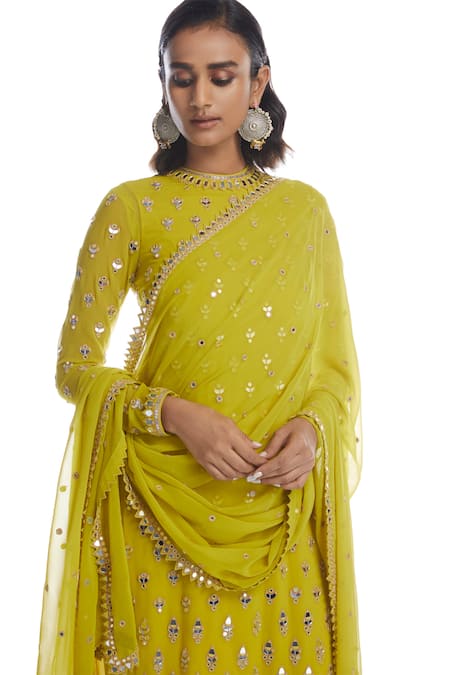 Shop_Vvani By Vani Vats_Green Georgette Round Mirror Embellished Kurta Set _Online_at_Aza_Fashions