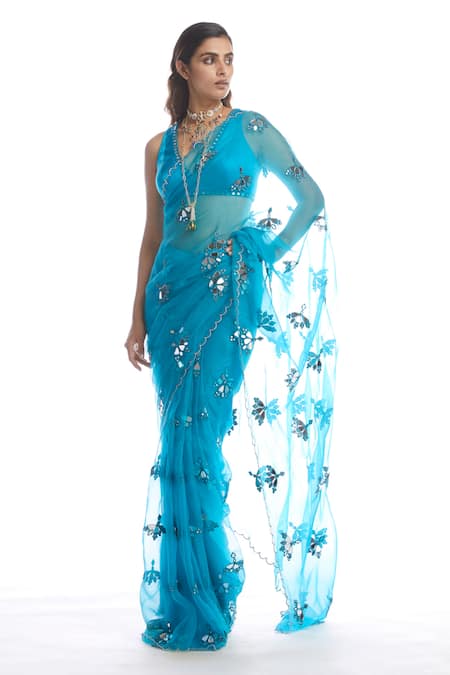 Buy Vvani By Vani Vats Blue Saree Silk Organza Blouse Modal Satin V Neck With Online at Aza Fashions Buy_Vvani By Vani Vats_Blue Saree Silk Organza Blouse Modal Satin V Neck With _Online_at_Aza_Fashions
