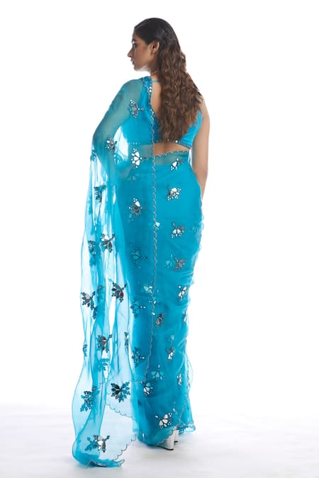 Shop Vvani By Vani Vats Blue Saree Silk Organza Blouse Modal Satin V Neck With at Aza Fashions Shop_Vvani By Vani Vats_Blue Saree Silk Organza Blouse Modal Satin V Neck With _at_Aza_Fashions