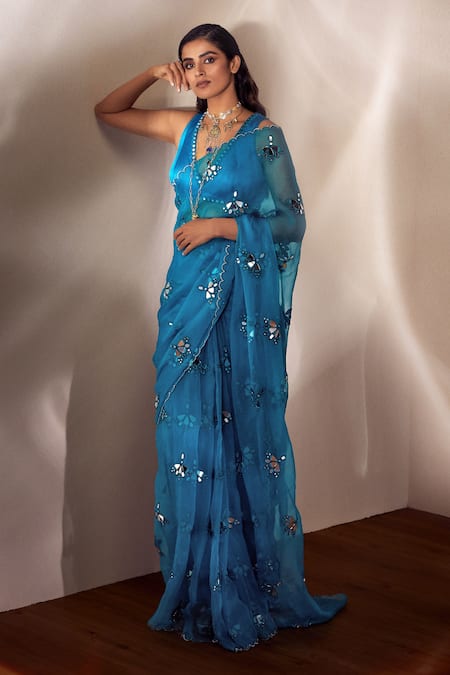 On Trend Embroidered Soft Silk Turquoise Blue Saree|SARV147795