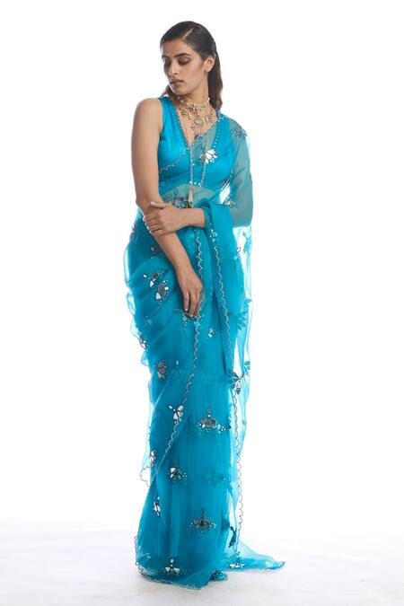 Shop Vvani By Vani Vats Blue Saree Silk Organza Blouse Modal Satin V Neck With Online at Aza Fashions Shop_Vvani By Vani Vats_Blue Saree Silk Organza Blouse Modal Satin V Neck With _Online_at_Aza_Fashions