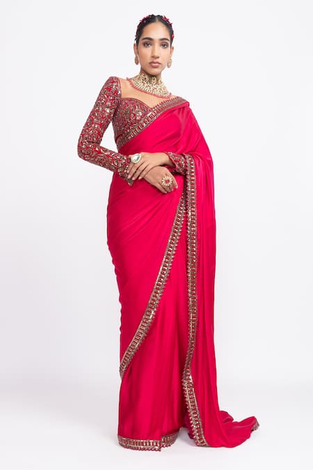 Vvani By Vani Vats_Red Blouse Velvet Saree Satin Sweetheart Neck Embroidered And _Online_at_Aza_Fashions