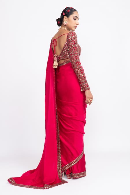 Shop_Vvani By Vani Vats_Red Blouse Velvet Saree Satin Sweetheart Neck Embroidered And _at_Aza_Fashions