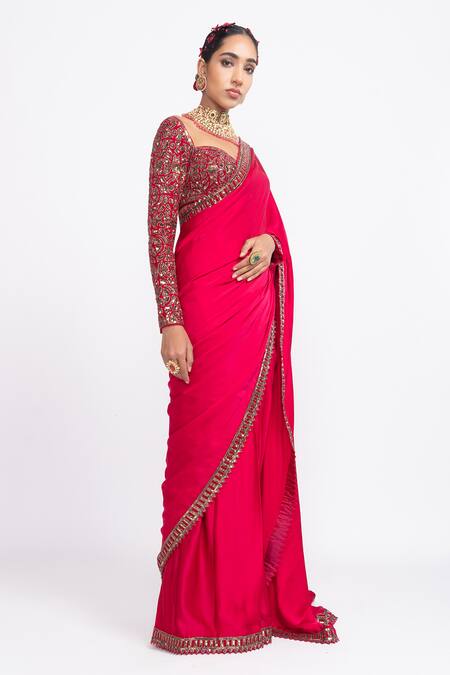 Buy_Vvani By Vani Vats_Red Blouse Velvet Saree Satin Sweetheart Neck Embroidered And _Online_at_Aza_Fashions