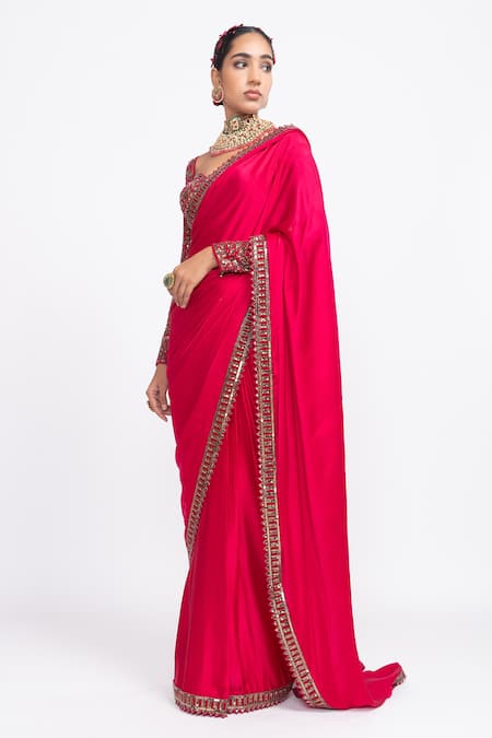 Shop_Vvani By Vani Vats_Red Blouse Velvet Saree Satin Sweetheart Neck Embroidered And _Online_at_Aza_Fashions