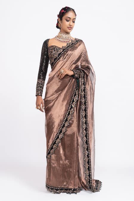 Vvani By Vani Vats Green Blouse Velvet Saree Tissue Sweetheart Neck And Embroidered Online at Aza Fashions Vvani By Vani Vats_Green Blouse Velvet Saree Tissue Sweetheart Neck And Embroidered _Online_at_Aza_Fashions