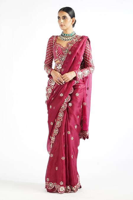 Vvani By Vani Vats Wine Blouse Georgette, Saree Satin Organza Mirror Work Embroidered With Online at Aza Fashions Vvani By Vani Vats_Wine Blouse Georgette, Saree Satin Organza Mirror Work Embroidered With _Online_at_Aza_Fashions