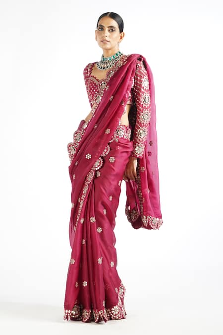 Buy Vvani By Vani Vats Wine Blouse Georgette, Saree Satin Organza Mirror Work Embroidered With Online at Aza Fashions Buy_Vvani By Vani Vats_Wine Blouse Georgette, Saree Satin Organza Mirror Work Embroidered With _Online_at_Aza_Fashions