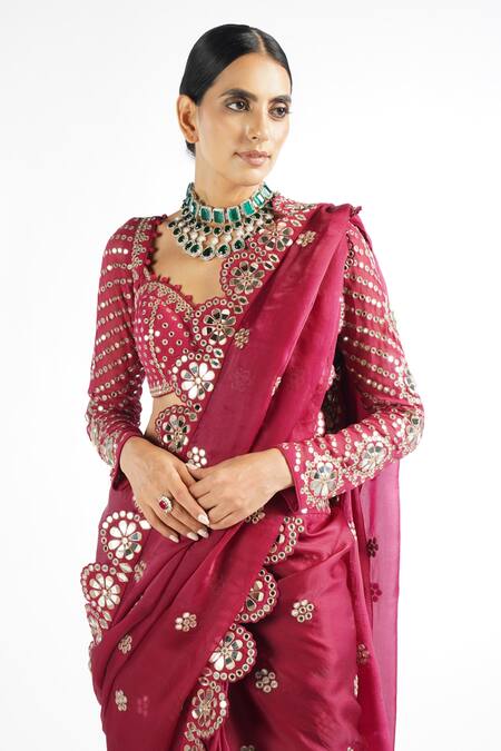 Vvani By Vani Vats Wine Blouse Georgette, Saree Satin Organza Mirror Work Embroidered With at Aza Fashions Vvani By Vani Vats_Wine Blouse Georgette, Saree Satin Organza Mirror Work Embroidered With _at_Aza_Fashions