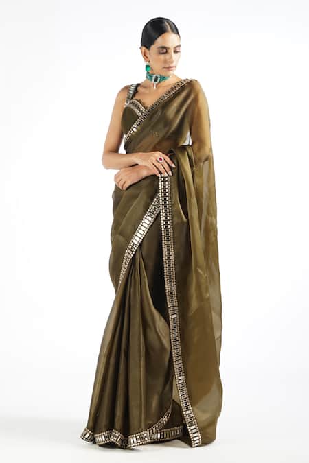 Buy_Vvani By Vani Vats_Green Blouse Georgette, Saree Satin Organza Mirror Work Sweetheart Neck With _Online_at_Aza_Fashions