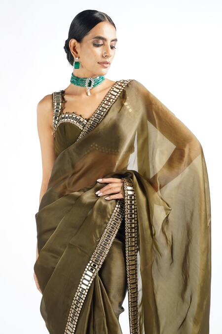 Vvani By Vani Vats_Green Blouse Georgette, Saree Satin Organza Mirror Work Sweetheart Neck With _at_Aza_Fashions